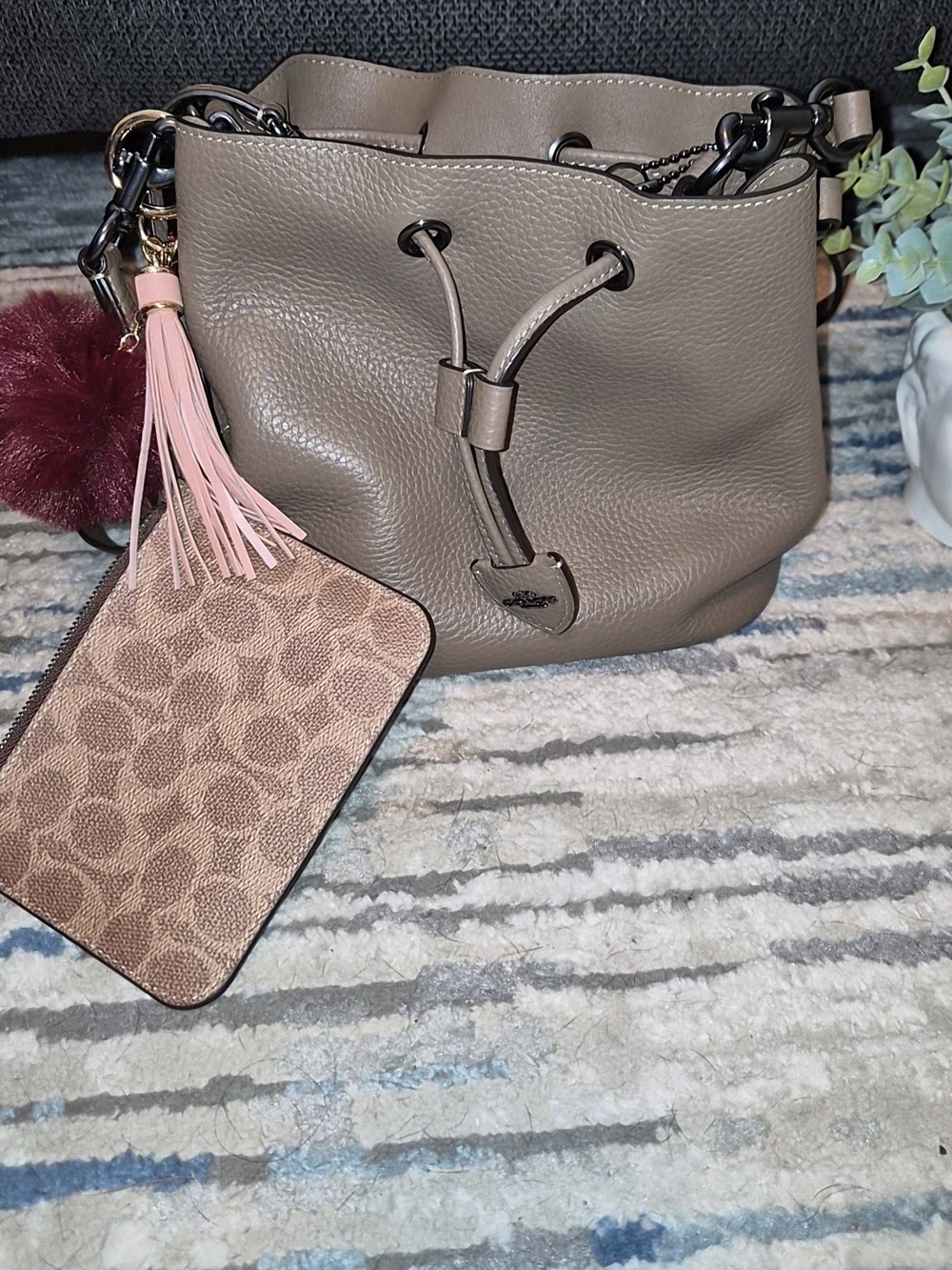 Coach Pebbled Leather Drawstring Bucket Bag in Taupe